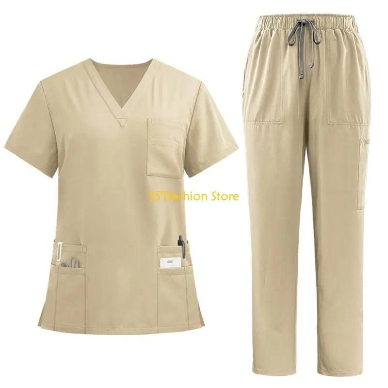 Y5GC Scrub Sets for Woman Essential Jogger Scrub Set Nursing Uniform Stretch V-Neck Top & Drawstring Cargo Pants