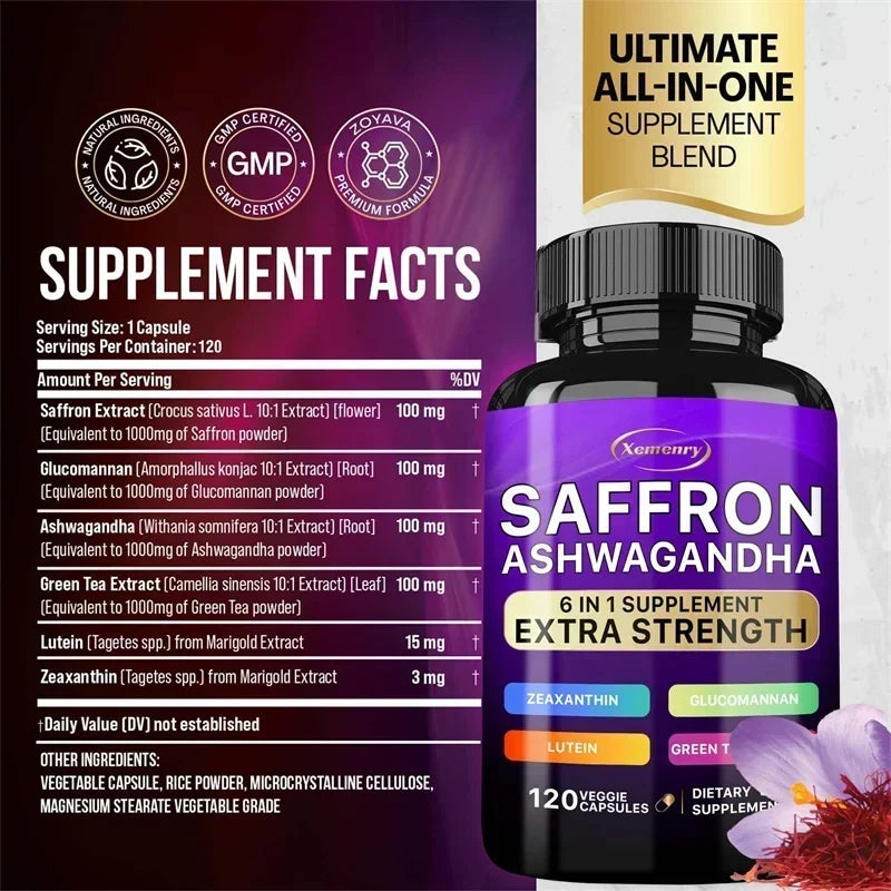 Saffron Ashwagandha Supplement - Promotes Healthy Sleep, Enhances Energy, Improves Mood, and Improves Absorption Vegan
