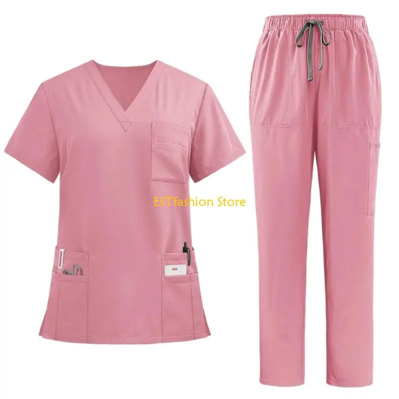 Y5GC Scrub Sets for Woman Essential Jogger Scrub Set Nursing Uniform Stretch V-Neck Top & Drawstring Cargo Pants