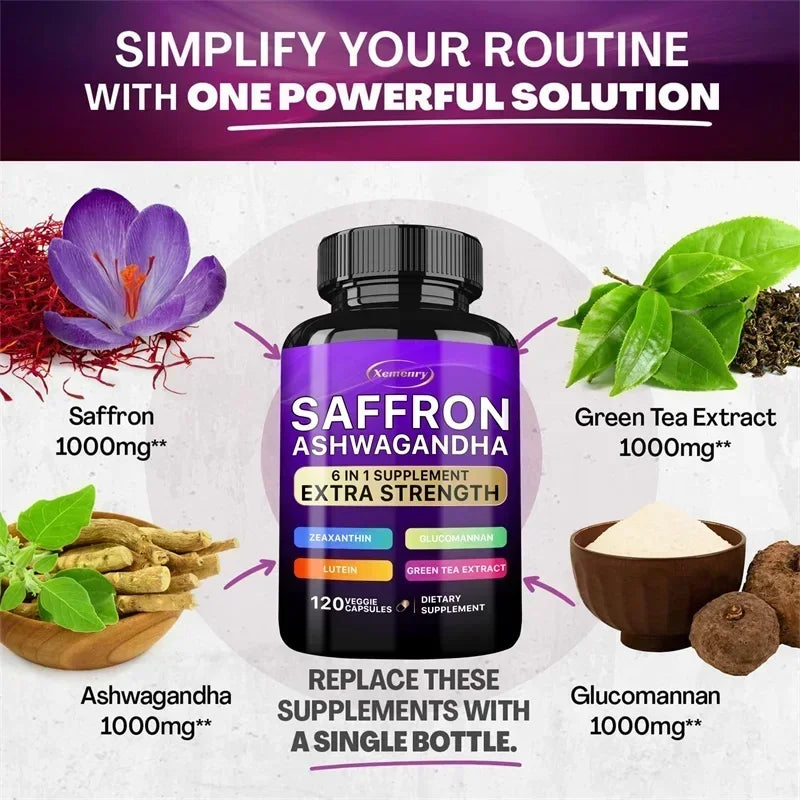 Saffron Ashwagandha Supplement - Promotes Healthy Sleep, Enhances Energy, Improves Mood, and Improves Absorption Vegan