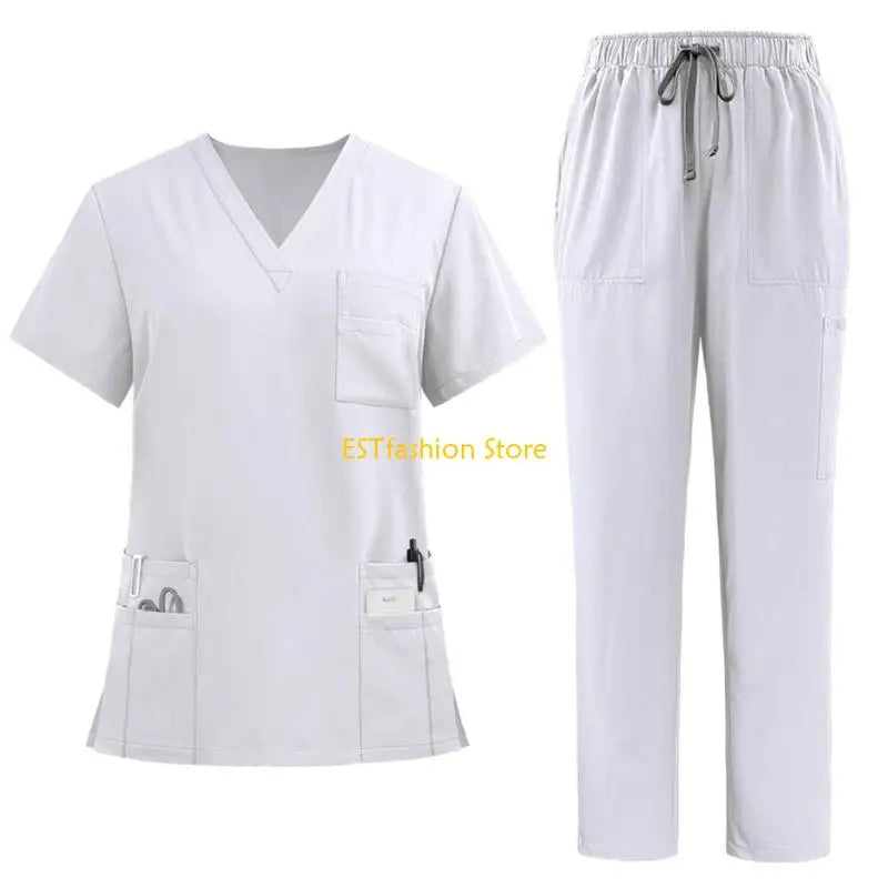 Y5GC Scrub Sets for Woman Essential Jogger Scrub Set Nursing Uniform Stretch V-Neck Top & Drawstring Cargo Pants
