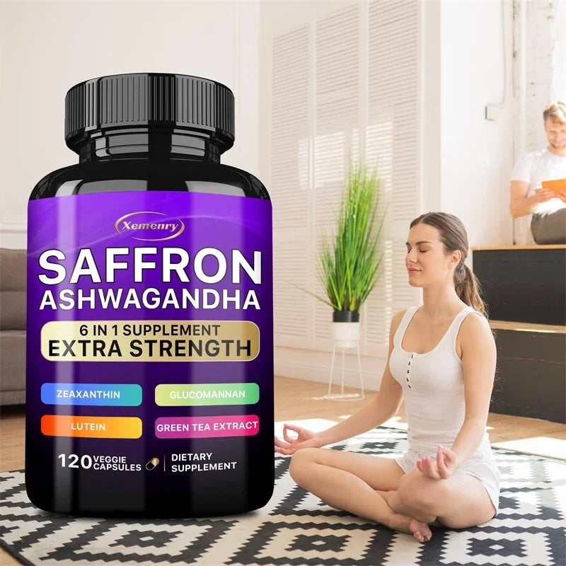 Saffron Ashwagandha Supplement - Promotes Healthy Sleep, Enhances Energy, Improves Mood, and Improves Absorption Vegan