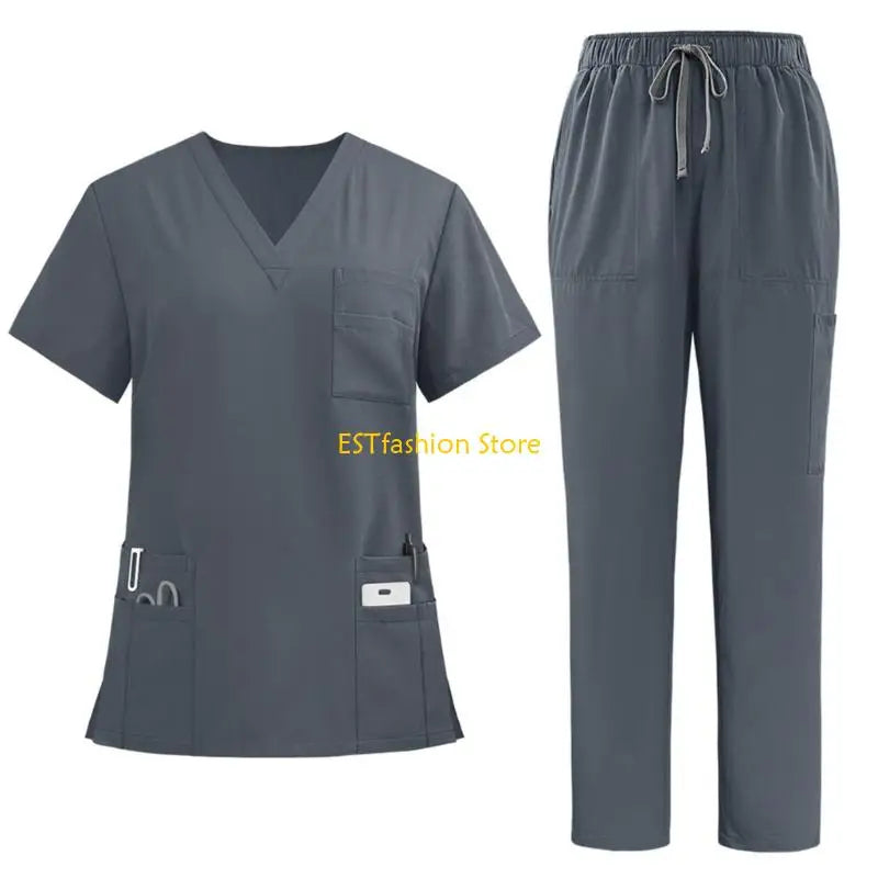 Y5GC Scrub Sets for Woman Essential Jogger Scrub Set Nursing Uniform Stretch V-Neck Top & Drawstring Cargo Pants