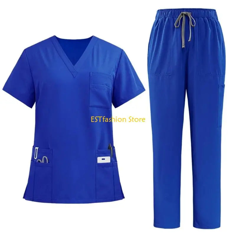 Y5GC Scrub Sets for Woman Essential Jogger Scrub Set Nursing Uniform Stretch V-Neck Top & Drawstring Cargo Pants