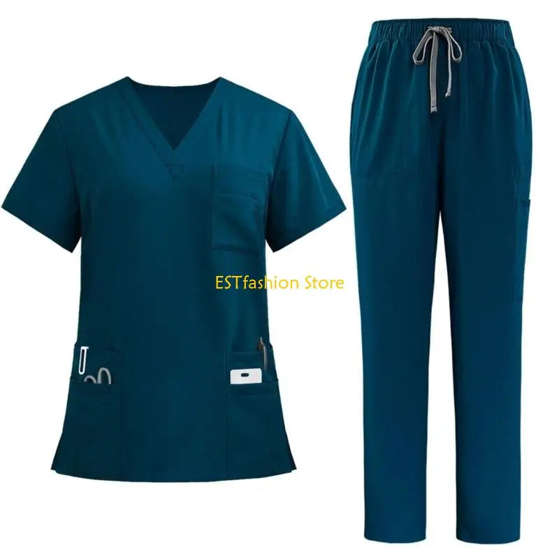 Y5GC Scrub Sets for Woman Essential Jogger Scrub Set Nursing Uniform Stretch V-Neck Top & Drawstring Cargo Pants