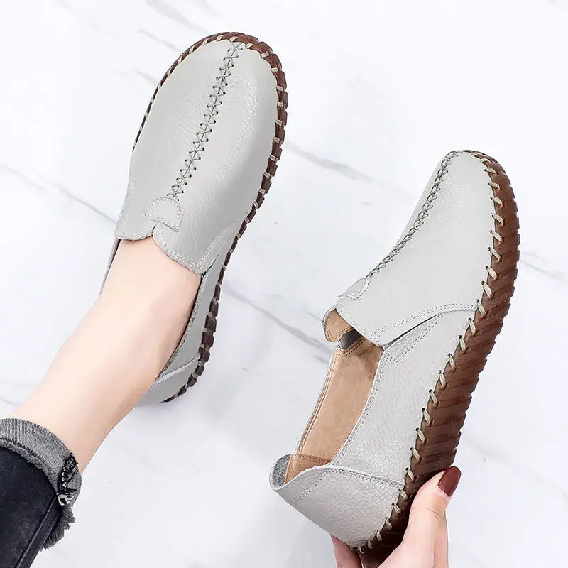 Soft Real Leather Shoes Women's Vintage Loafer Mother Cozy Ballet Flats Slip On Shoes Woman Handmade Moccasins Nurse Work Shoes