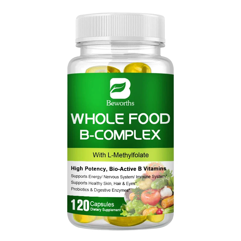 BEWORTHS Vitamin B Complex Capsules B1,B2,B3,B5,B6,B7,B12 Whole Food Supplement for Stress, Energy and Immune Support Non-GMO