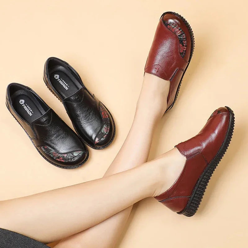 Soft Real Leather Shoes Women's Vintage Loafer Mother Cozy Ballet Flats Slip On Shoes Woman Handmade Moccasins Nurse Work Shoes