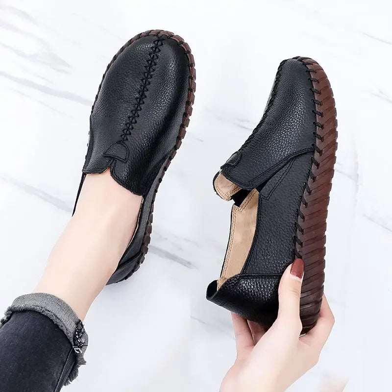 Soft Real Leather Shoes Women's Vintage Loafer Mother Cozy Ballet Flats Slip On Shoes Woman Handmade Moccasins Nurse Work Shoes