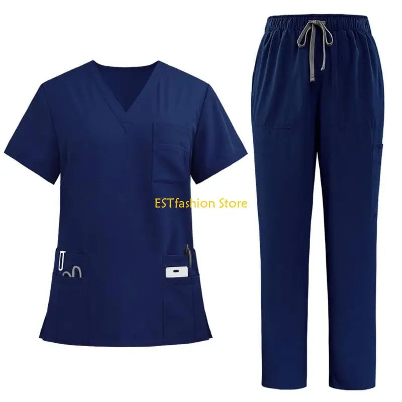 Y5GC Scrub Sets for Woman Essential Jogger Scrub Set Nursing Uniform Stretch V-Neck Top & Drawstring Cargo Pants