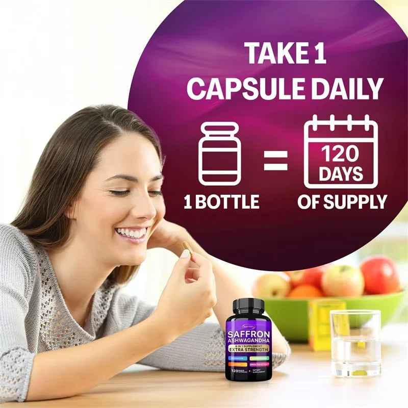 Saffron Ashwagandha Supplement - Promotes Healthy Sleep, Enhances Energy, Improves Mood, and Improves Absorption Vegan