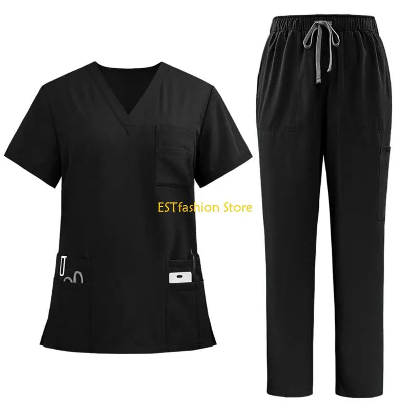 Y5GC Scrub Sets for Woman Essential Jogger Scrub Set Nursing Uniform Stretch V-Neck Top & Drawstring Cargo Pants