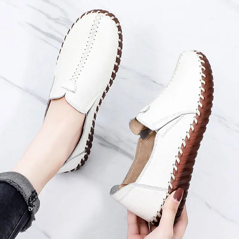 Soft Real Leather Shoes Women's Vintage Loafer Mother Cozy Ballet Flats Slip On Shoes Woman Handmade Moccasins Nurse Work Shoes