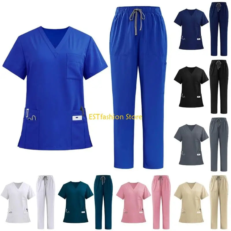 Y5GC Scrub Sets for Woman Essential Jogger Scrub Set Nursing Uniform Stretch V-Neck Top & Drawstring Cargo Pants