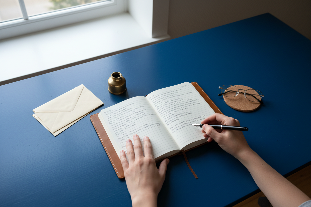 a person writing in a journal on a dark blue table, with a set of glasses to the right of the journal and a set of envelopes to the top left of the journal. 