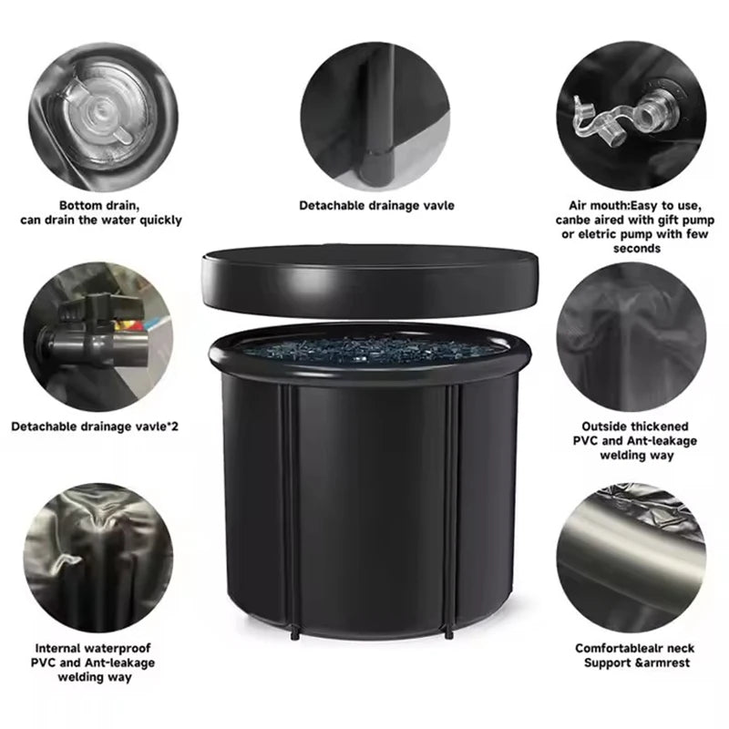 Custom Wholesale Price Portable Sports 75*75cm Black Therapy Ice Bath Cold Plunge Inflatable Ice Tub With Top Insulation Lid