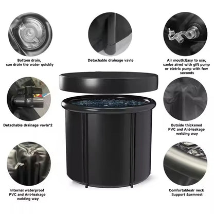 Custom Wholesale Price Portable Sports 75*75cm Black Therapy Ice Bath Cold Plunge Inflatable Ice Tub With Top Insulation Lid