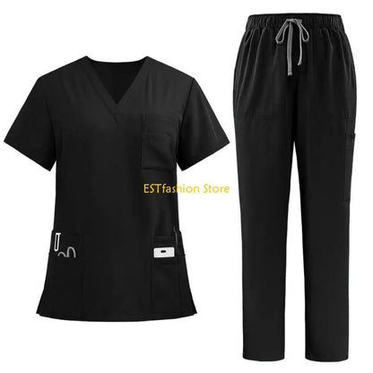 Y5GC Scrub Sets for Woman Essential Jogger Scrub Set Nursing Uniform Stretch V-Neck Top & Drawstring Cargo Pants
