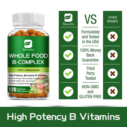 BEWORTHS Vitamin B Complex Capsules B1,B2,B3,B5,B6,B7,B12 Whole Food Supplement for Stress, Energy and Immune Support Non-GMO