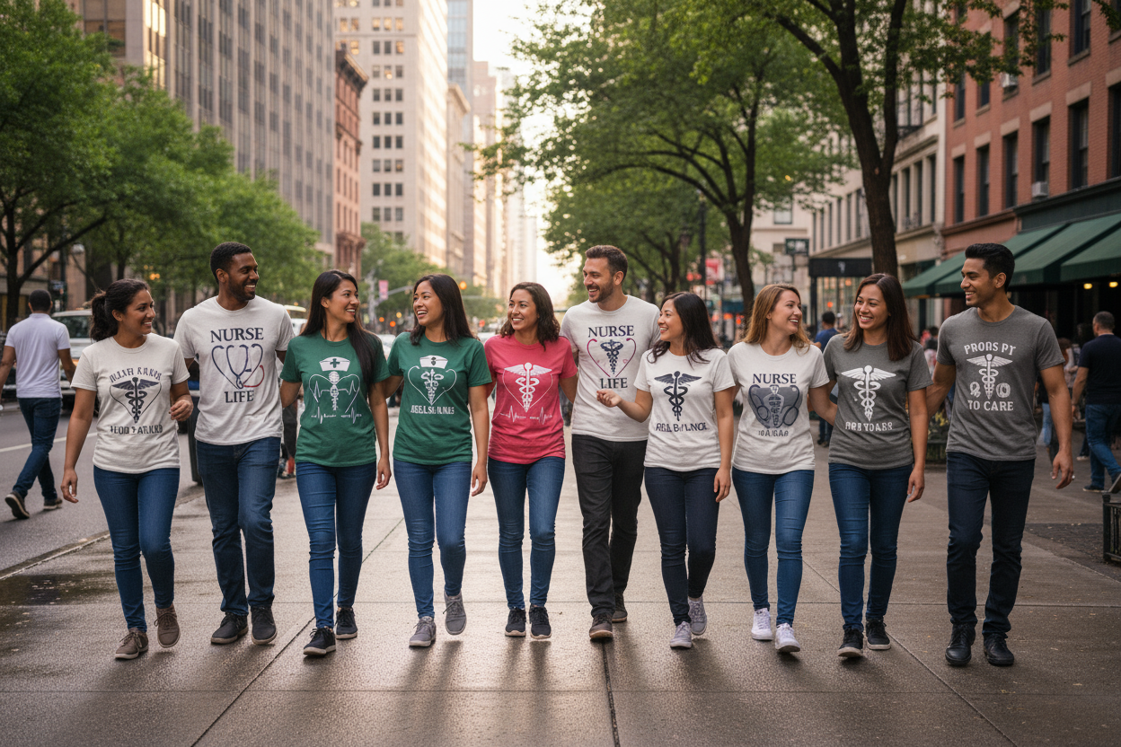 male and female nurses walking in the city wearing nurse themed t shirts