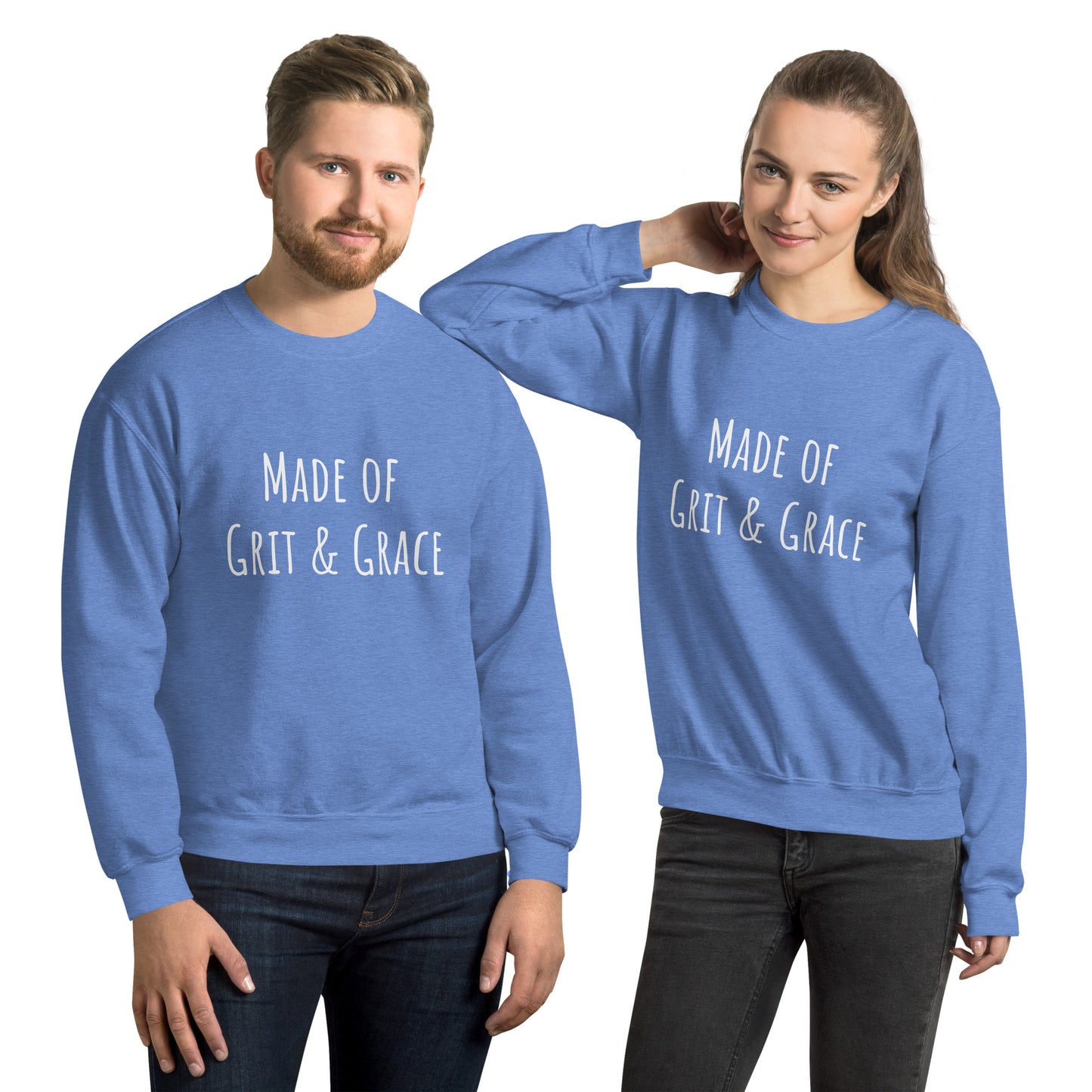 a man and a woman each wearing a crew neck sweatshirt that states Make of Grit and Grace on the front