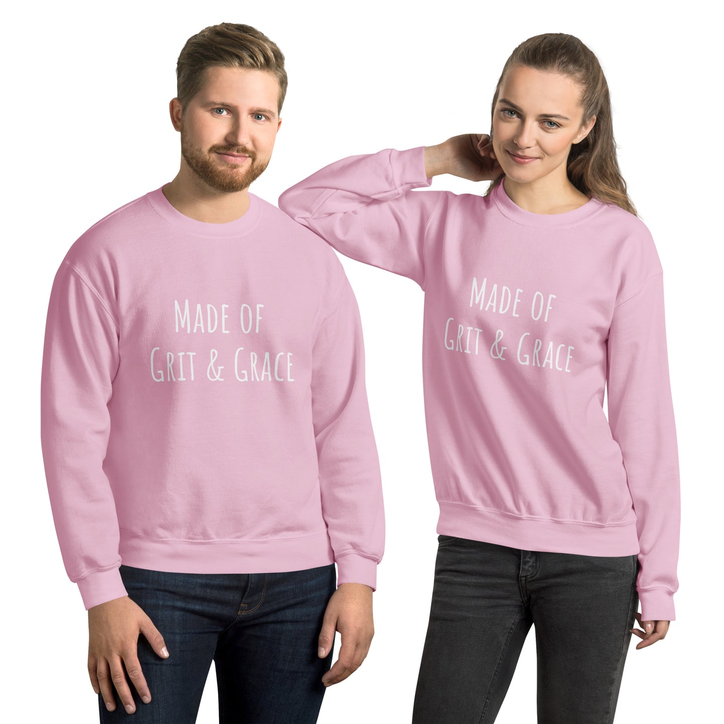 a man and a woman each wearing a crew neck sweatshirt that states Make of Grit and Grace on the front