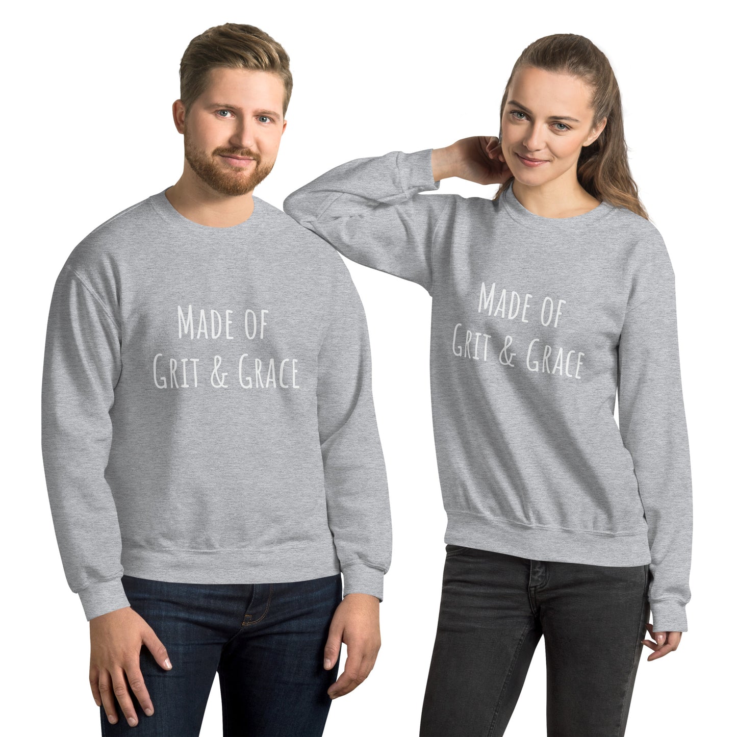 a man and a woman each wearing a crew neck sweatshirt that states Make of Grit and Grace on the front
